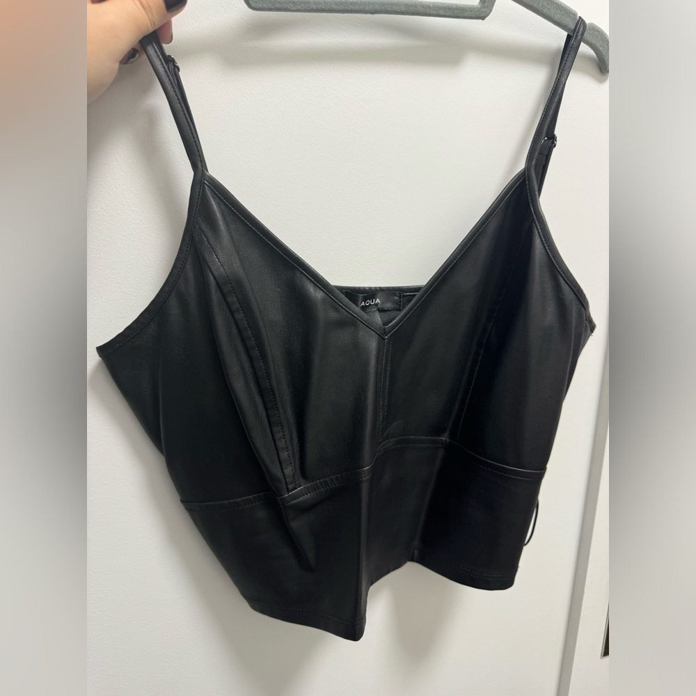 Aqua leather black crop top size L adjustable straps side zipper